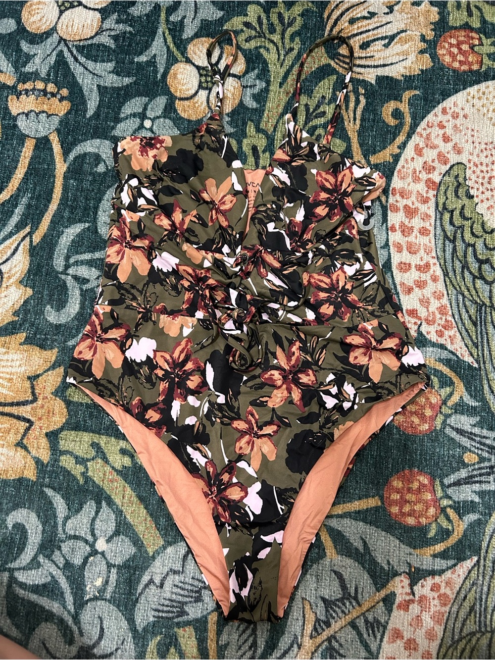 Rvca Olive Floral One-Piece Swimsuit with Peach Accents